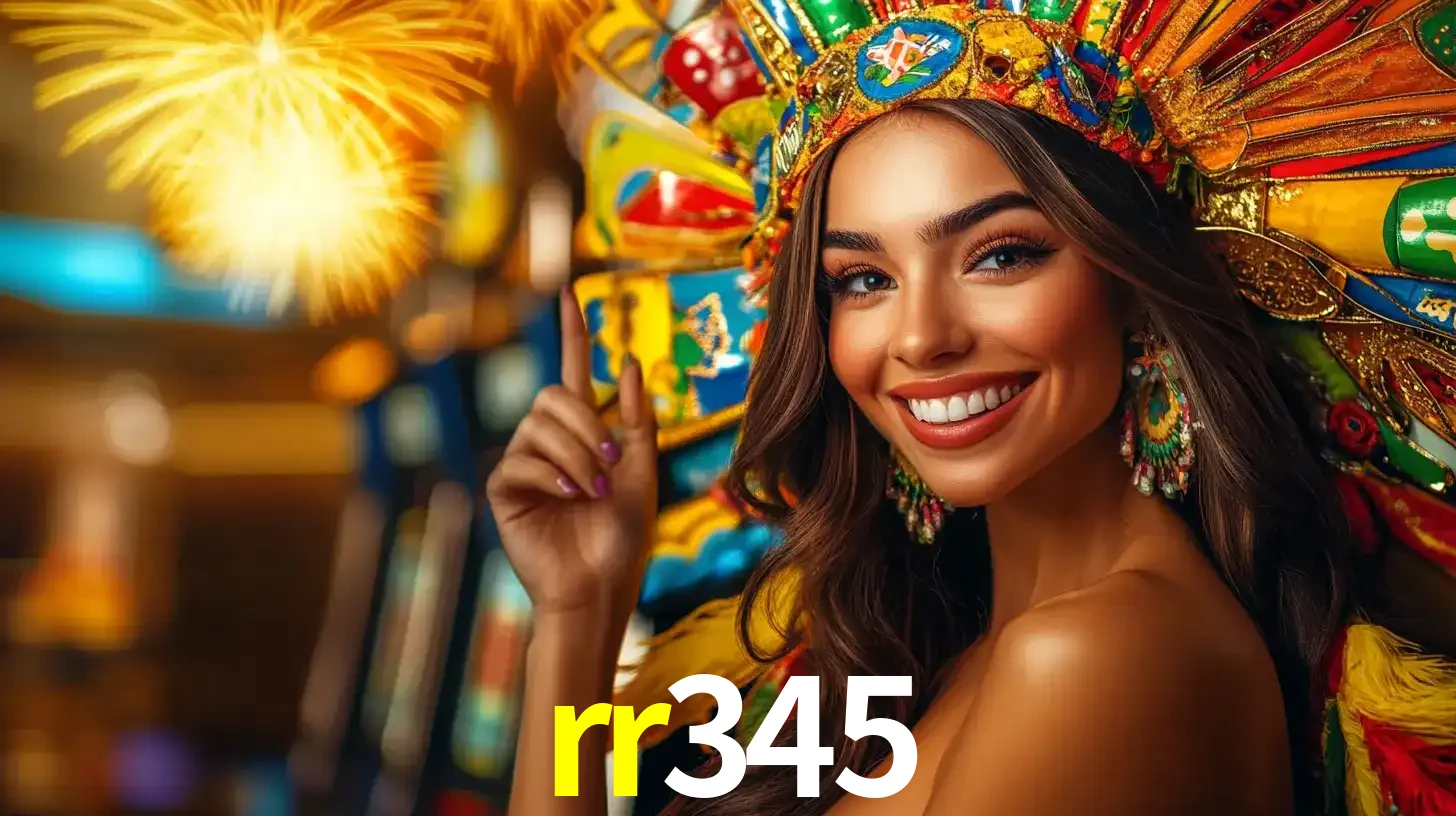 Mulher sorridente com um cocar de carnaval vibrante e colorido, celebrando uma grande vitória nos jogos do cassino rr345 com fogos de artifício ao fundo.