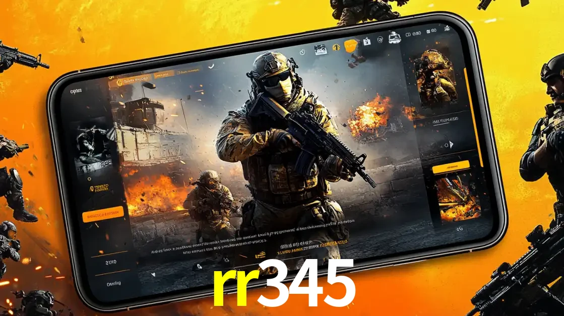 Um smartphone exibindo a interface de um jogo de tiro em primeira pessoa, com um soldado em um cenário de batalha, representando a ação dos e-sports para apostar no rr345.