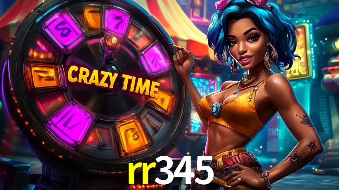 Mulher estilizada com cabelo azul e visual vibrante posando ao lado da roda de prêmios do game show Crazy Time, convidando para a diversão e os bônus do cassino rr345.